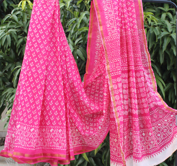 Pink-White Jaipuri Handblock Print Saree