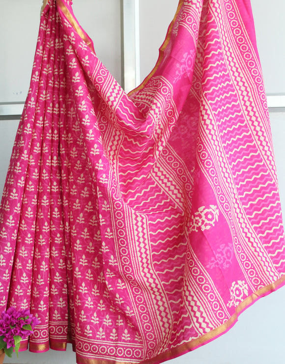 Pink Jaipuri Handblock Print Saree