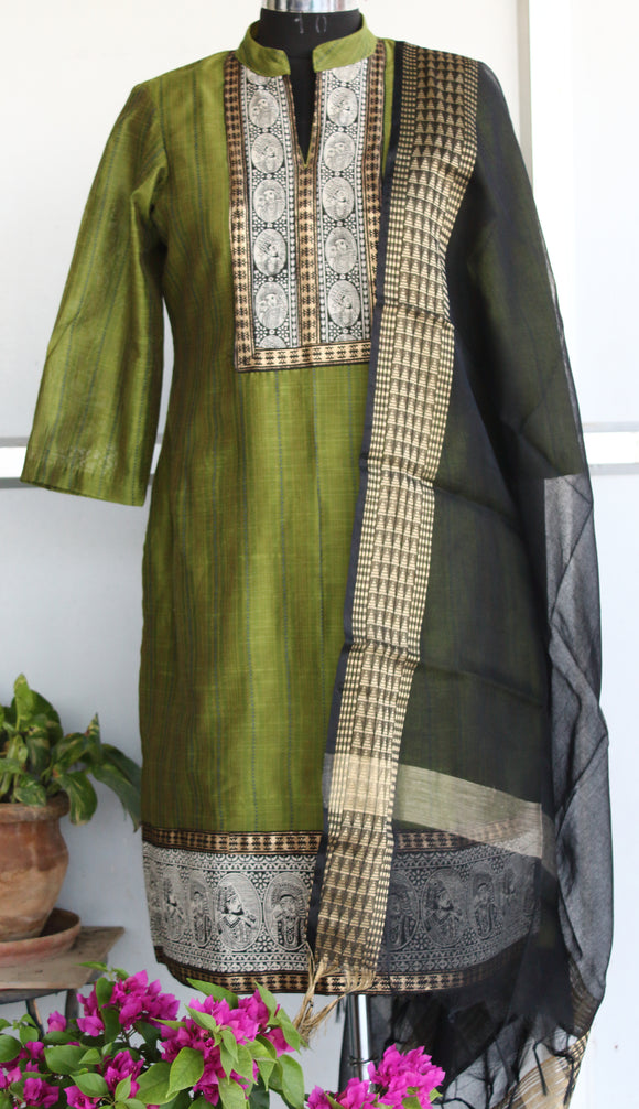 Raja Rani Olive Green Black Cotton Suit Set