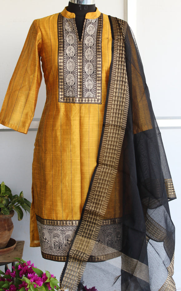 Raja Rani Mustard Yellow Black Cotton Suit Set