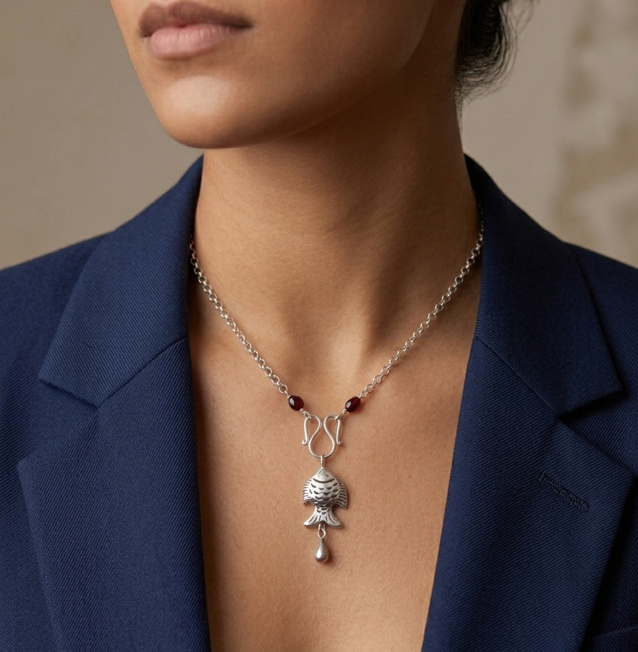 Carved Fish Garnet Chain Necklace