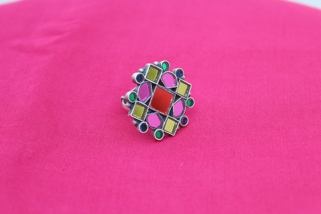 Multicolor Afghani Square Glass Ring