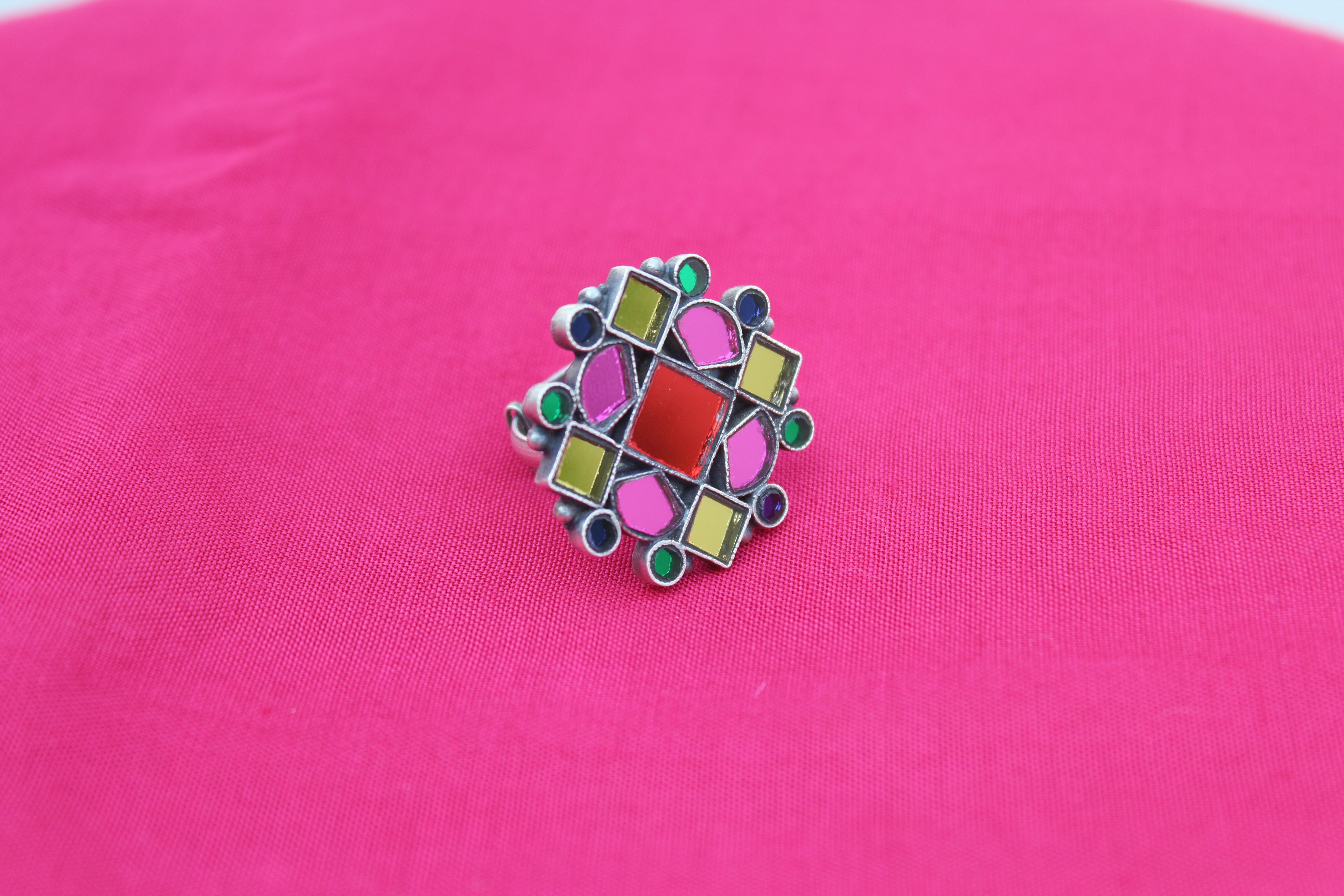 Multicolor Afghani Square Glass Ring