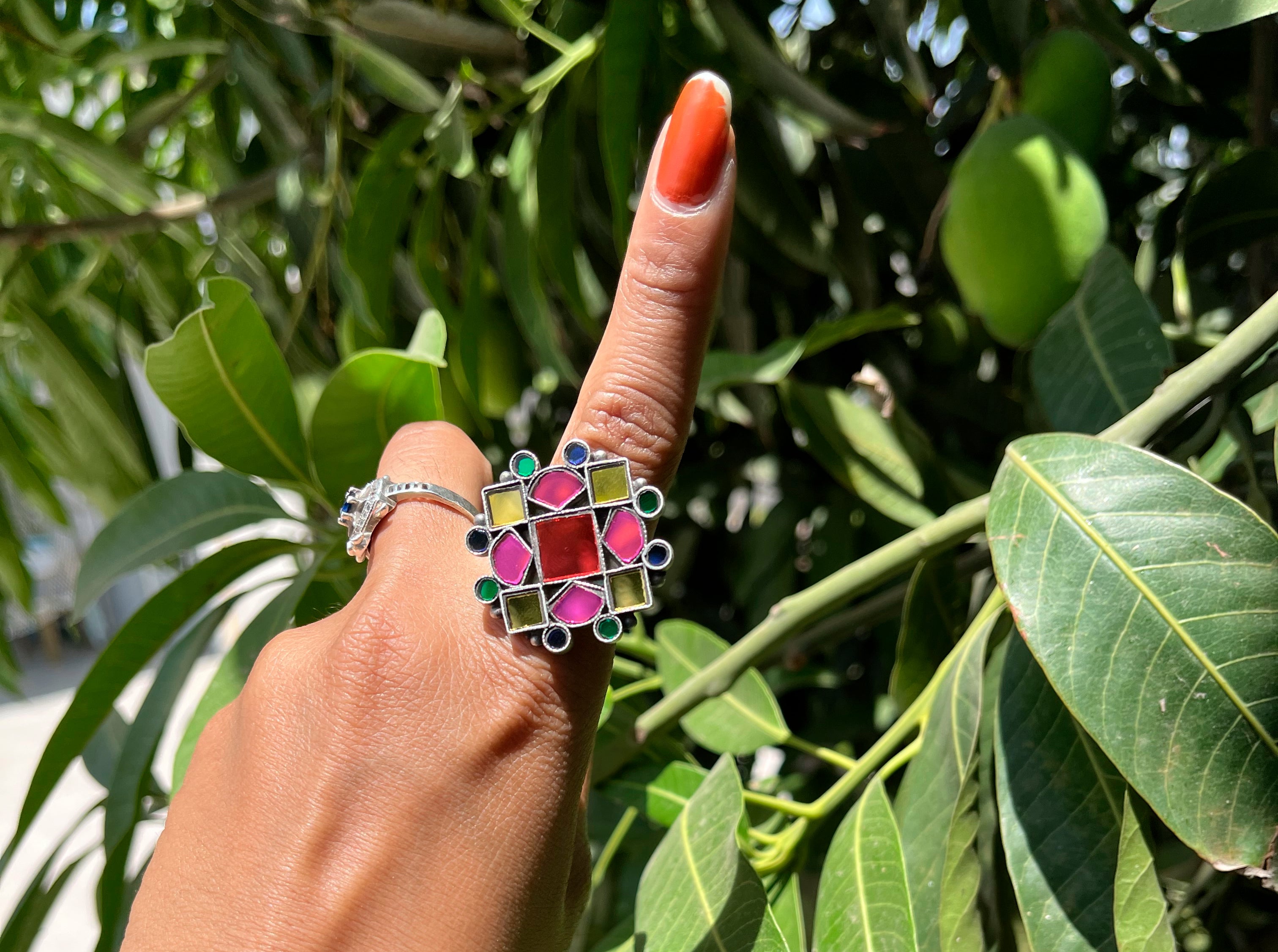Multicolor Afghani Square Glass Ring