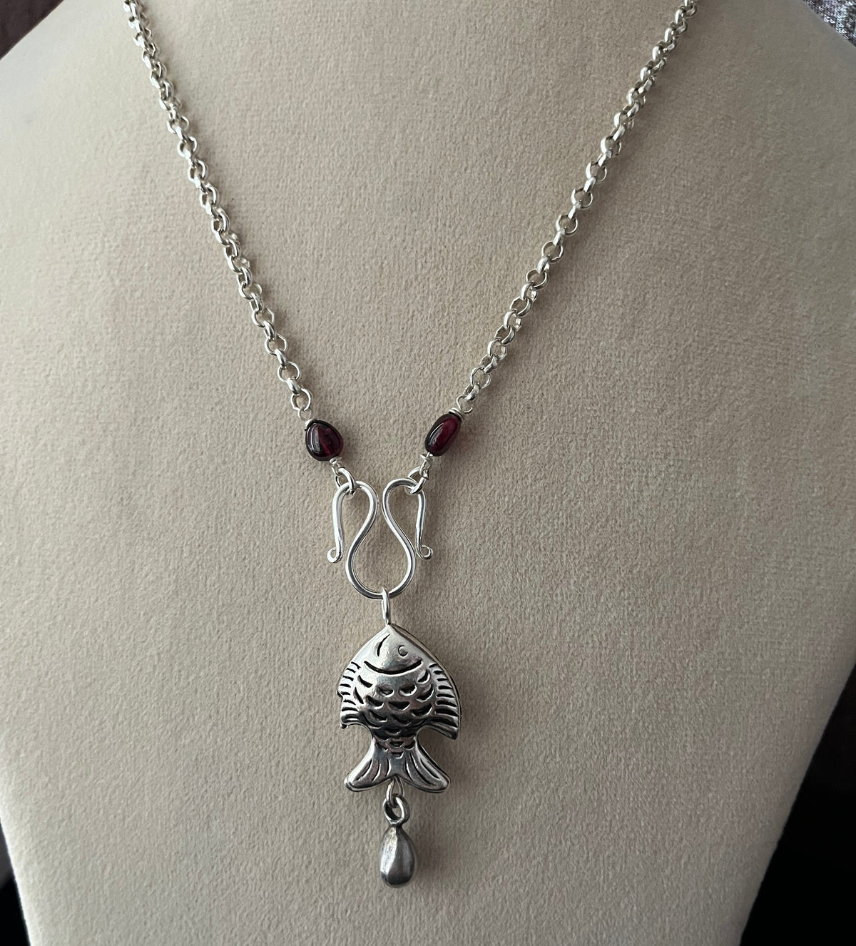 Carved Fish Garnet Chain Necklace
