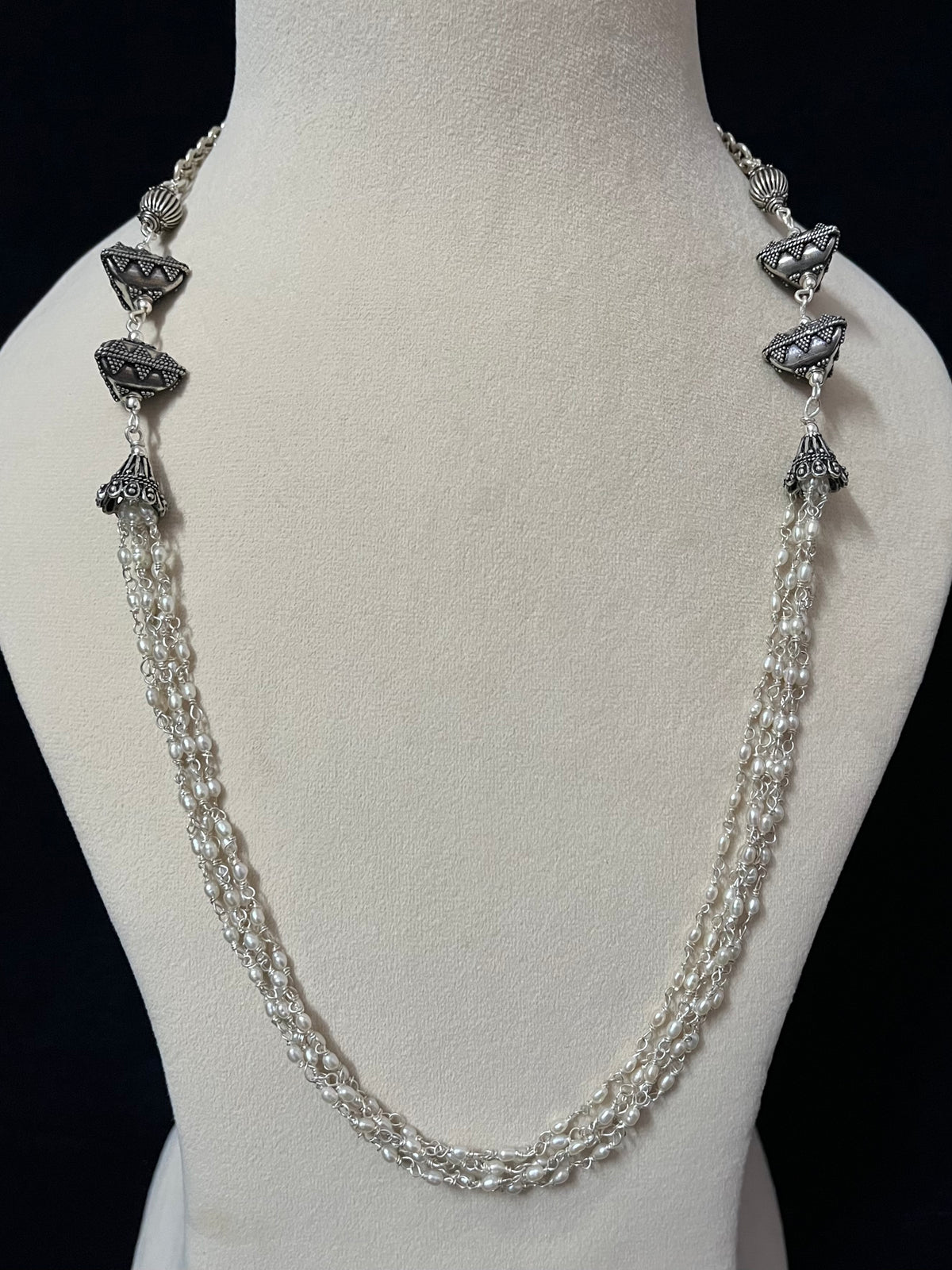 Five Line Pearl Necklace Set with Triangular Beads