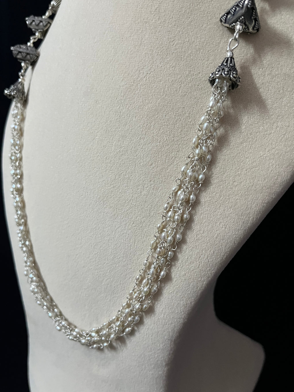 Five Line Pearl Necklace Set with Triangular Beads