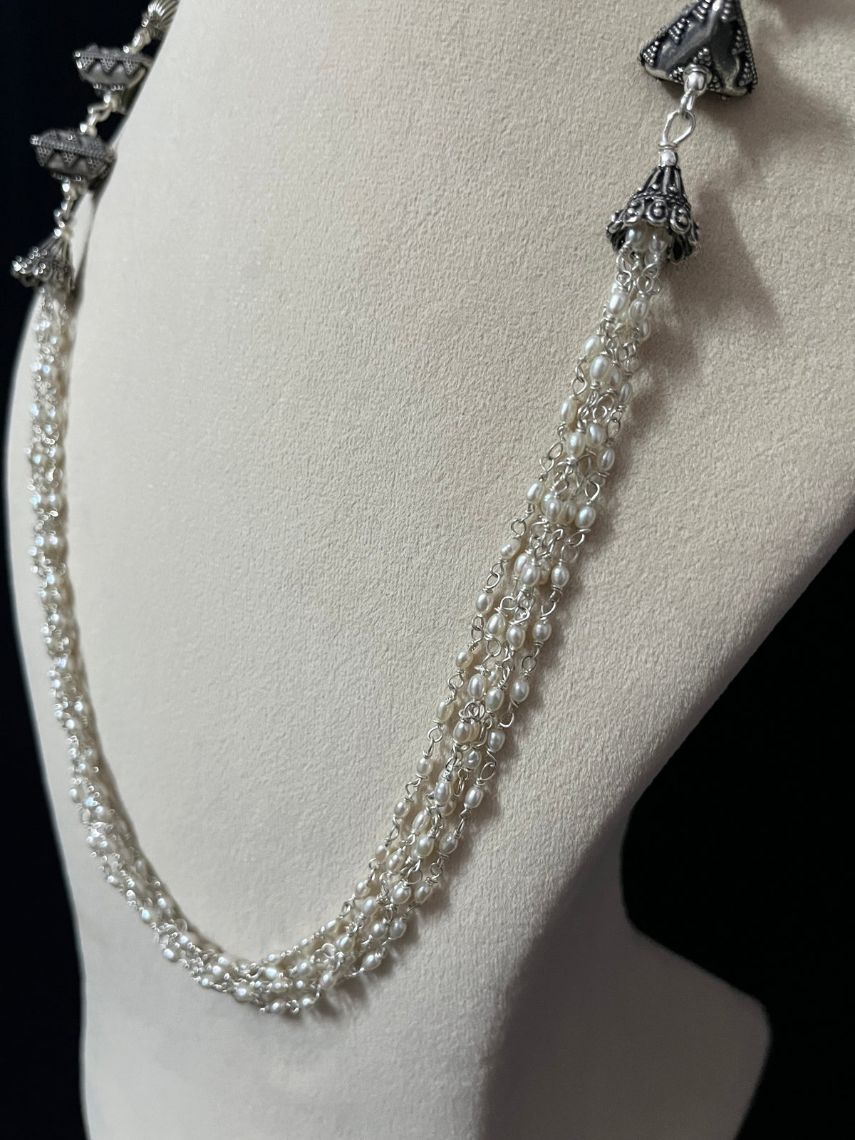 Five Line Pearl Necklace Set with Triangular Beads