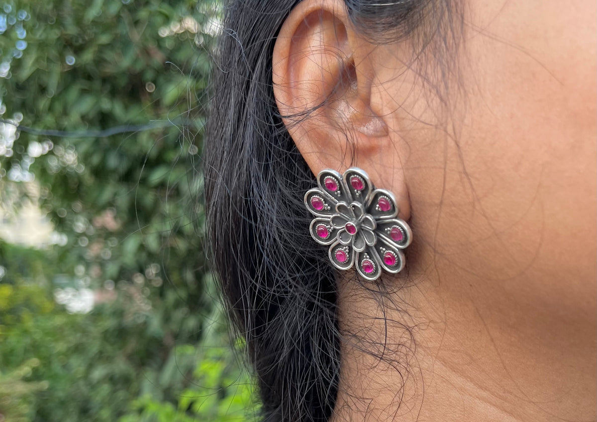 Detailed Ruby Flower Stud Earring