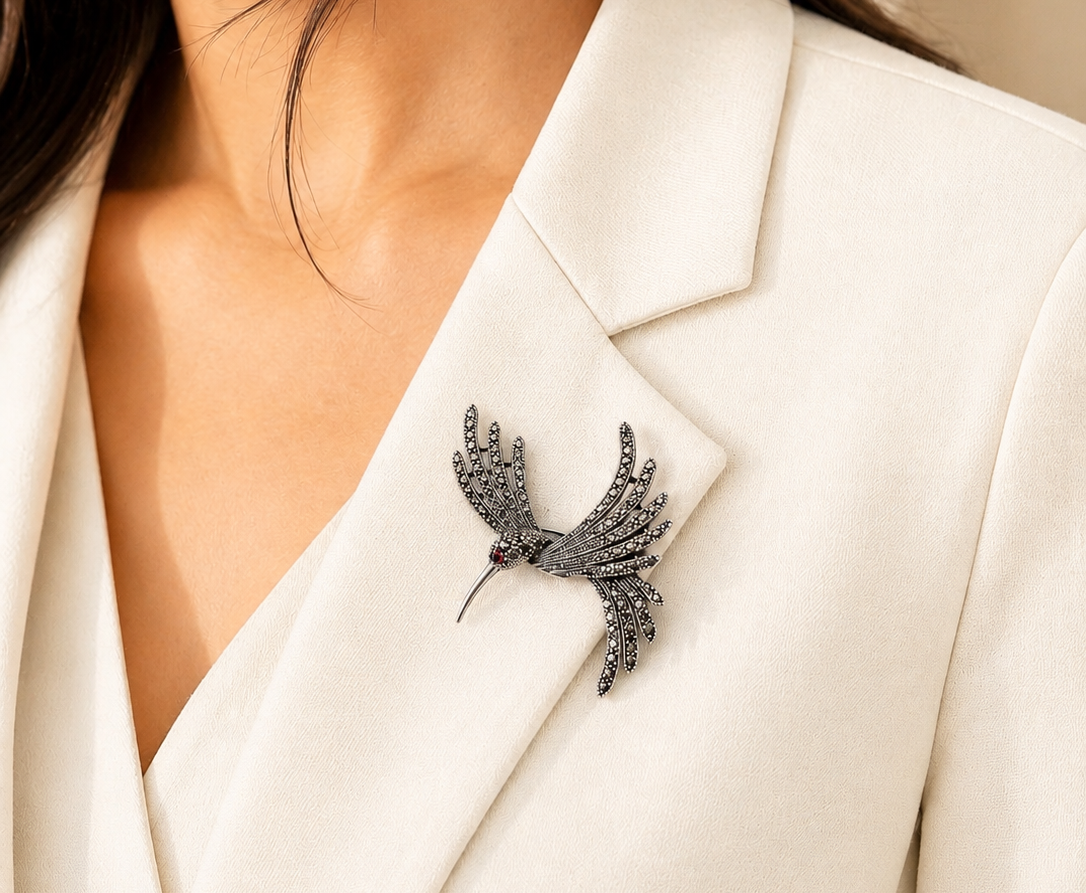 Marcasite Humming Bird Brooch