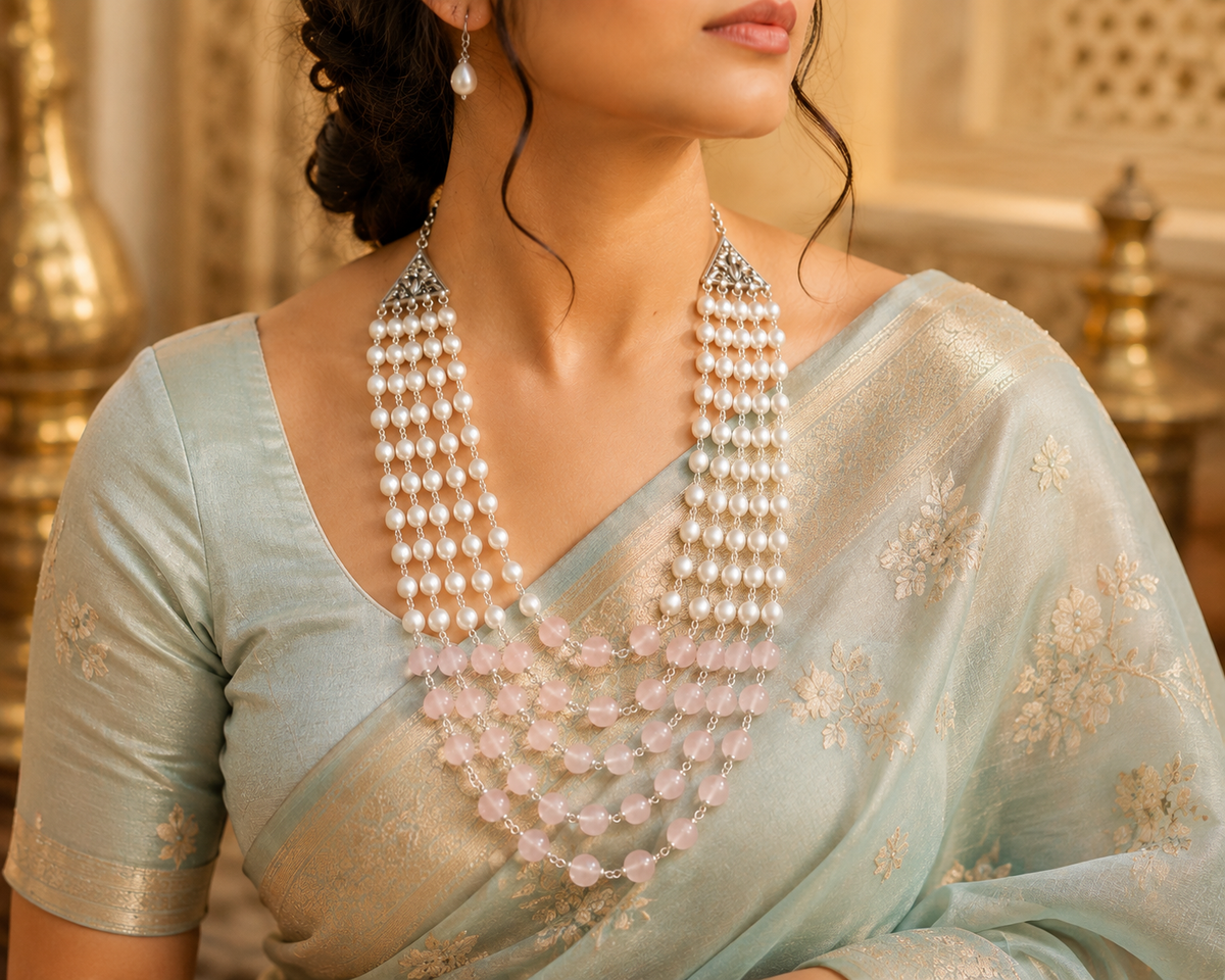 Multilayer Pearl and Rose Quartz Necklace