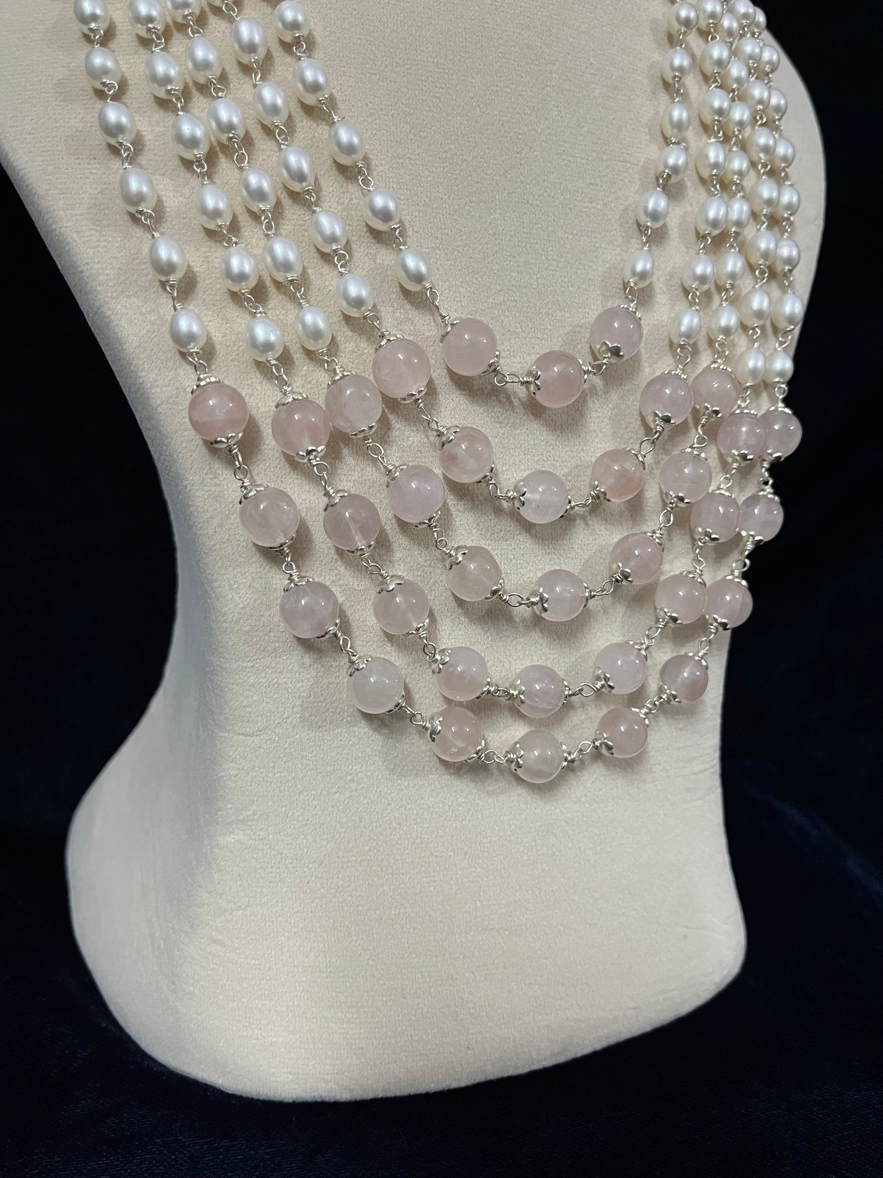Multilayer Pearl and Rose Quartz Necklace