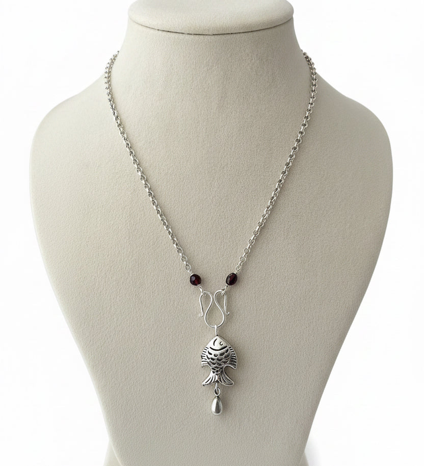 Carved Fish Garnet Chain Necklace