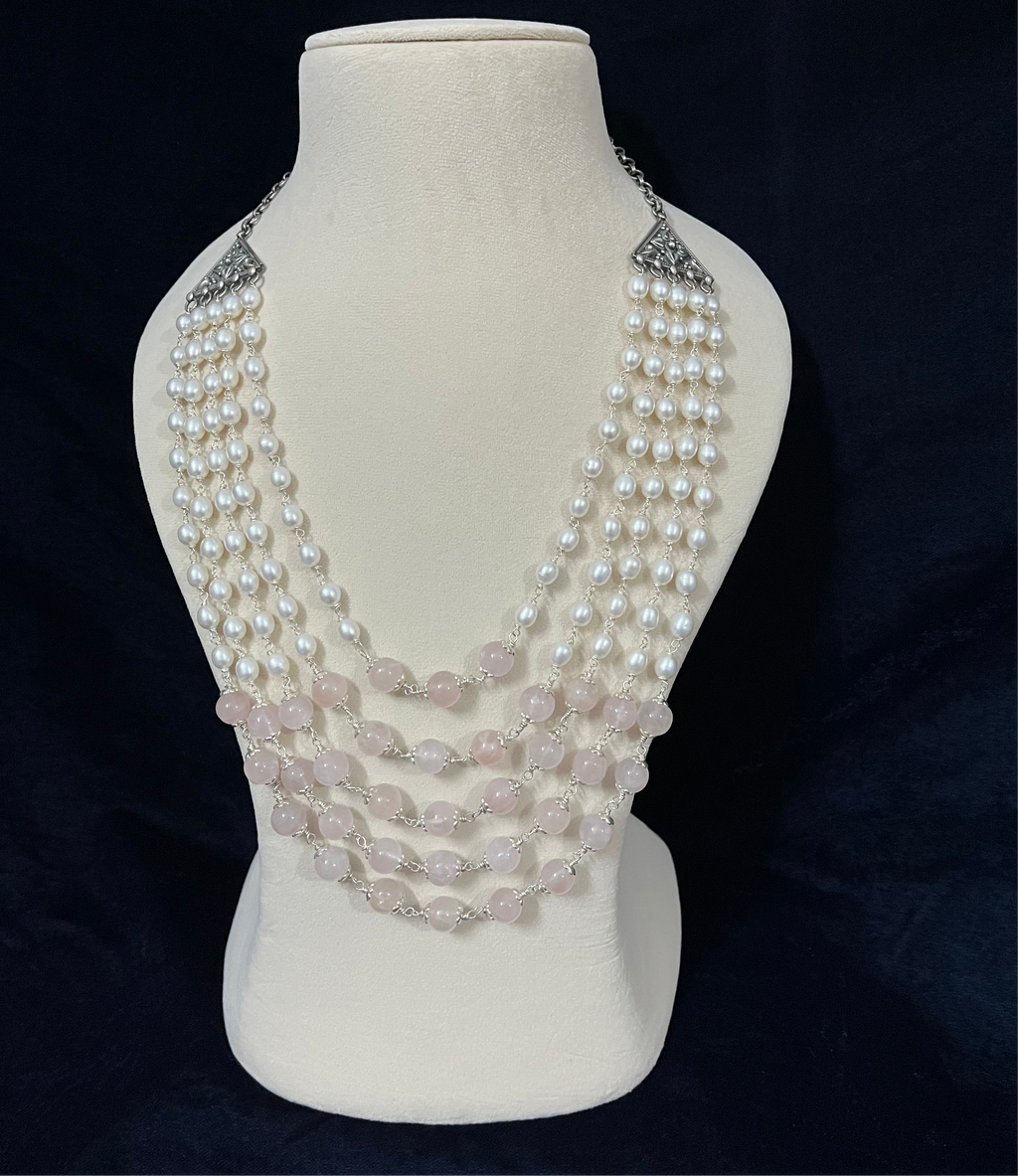 Multilayer Pearl and Rose Quartz Necklace