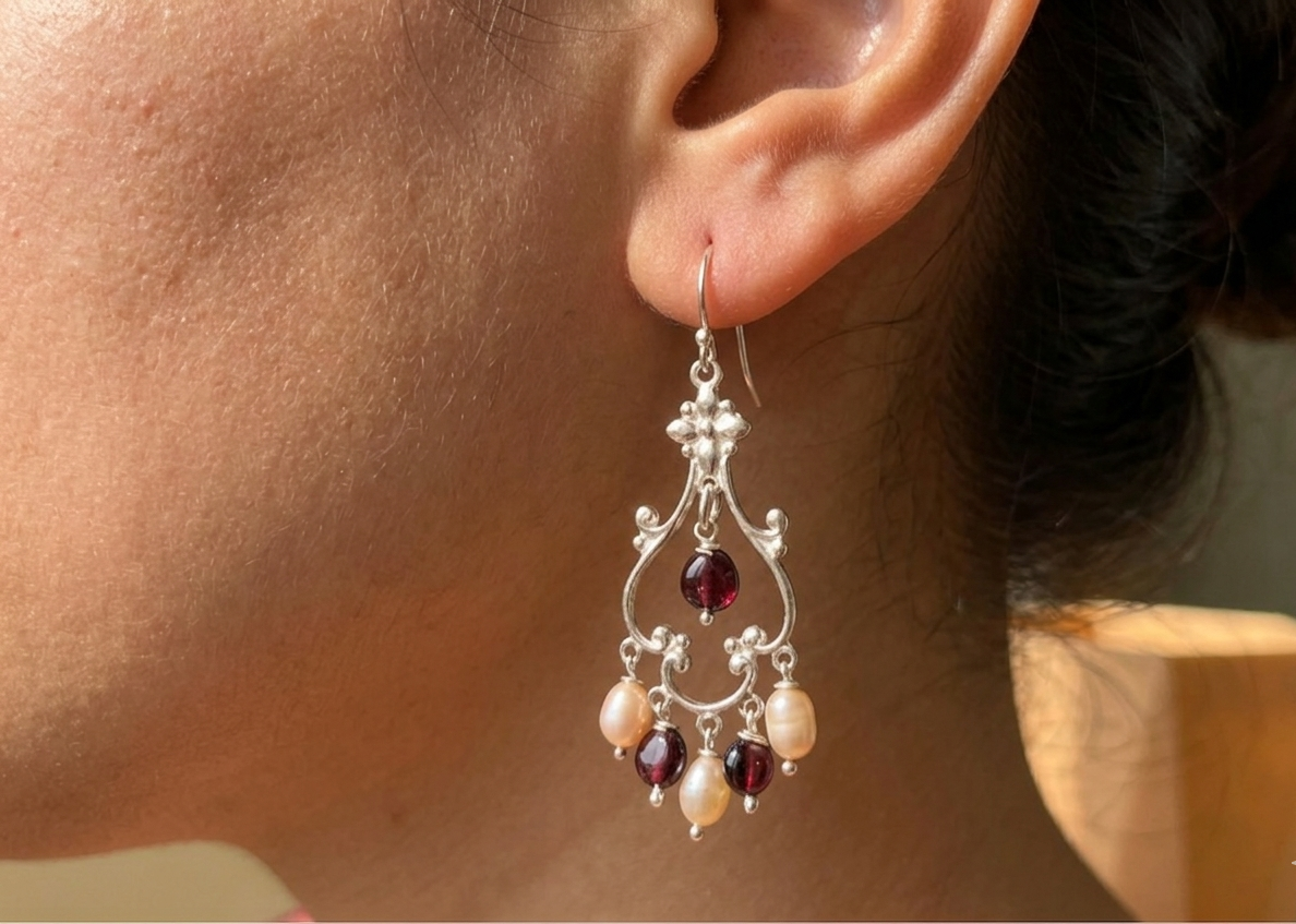 Pearl and Garnet Drop Earring