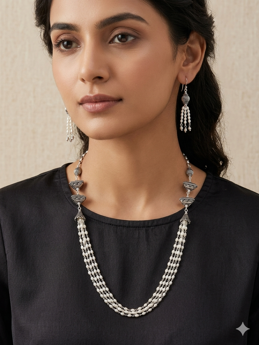 Five Line Pearl Necklace Set with Triangular Beads