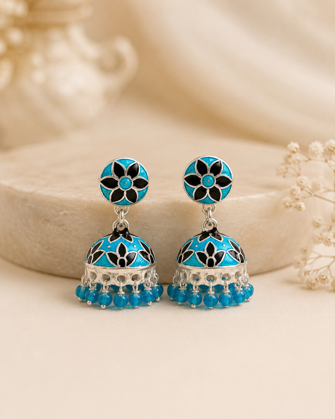 Turquoise and Black Enamel Jhumka
