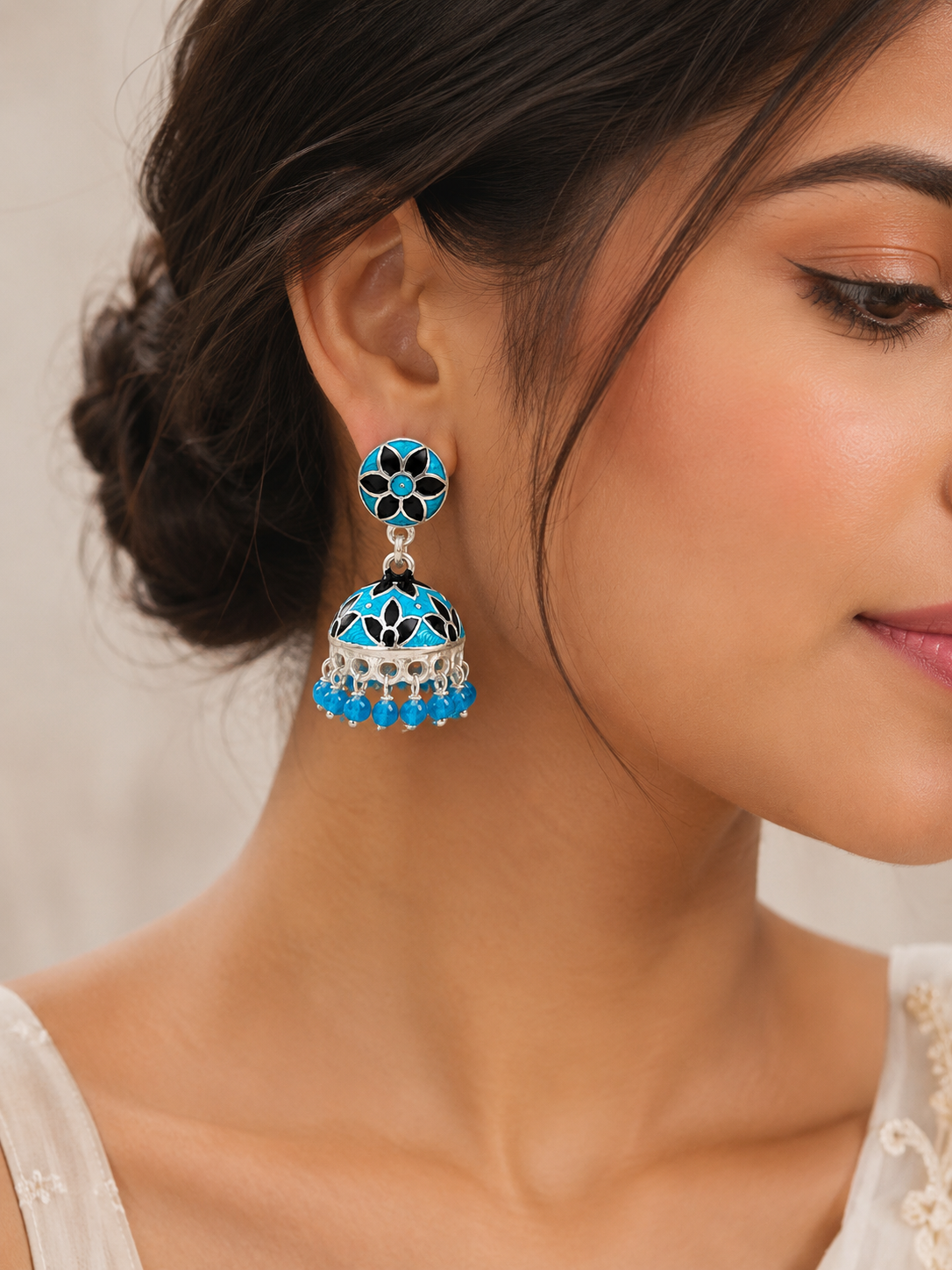 Turquoise and Black Enamel Jhumka