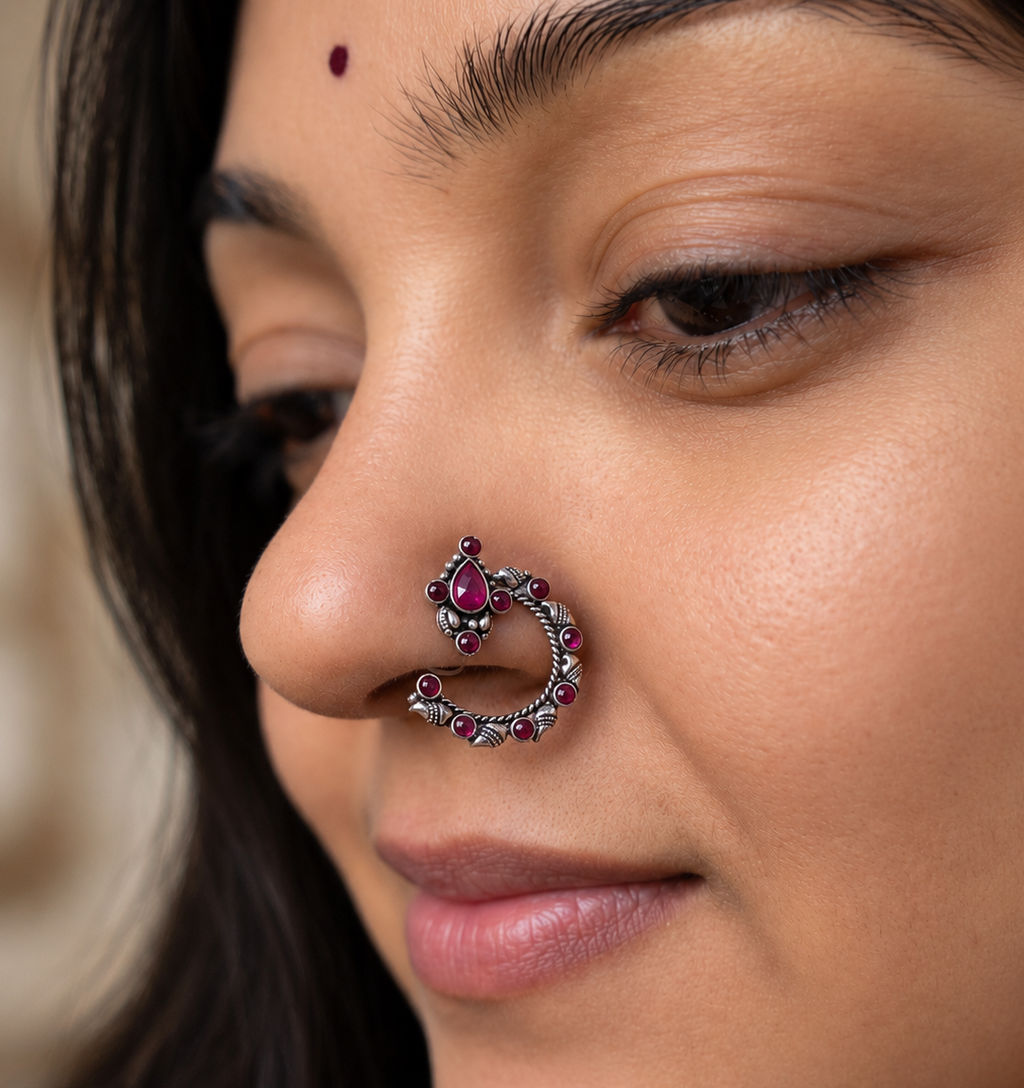 Pink Stone Moon Nose Pin (Pierce)
