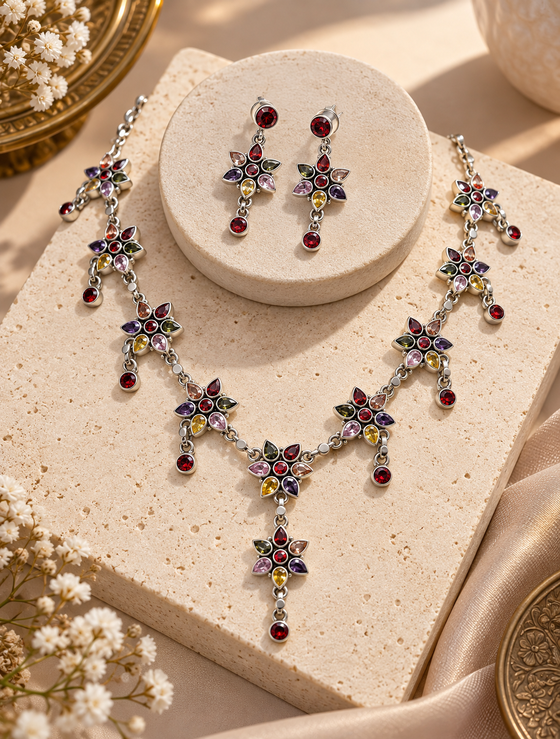 Multicolor Cut Stone Necklace with Earring