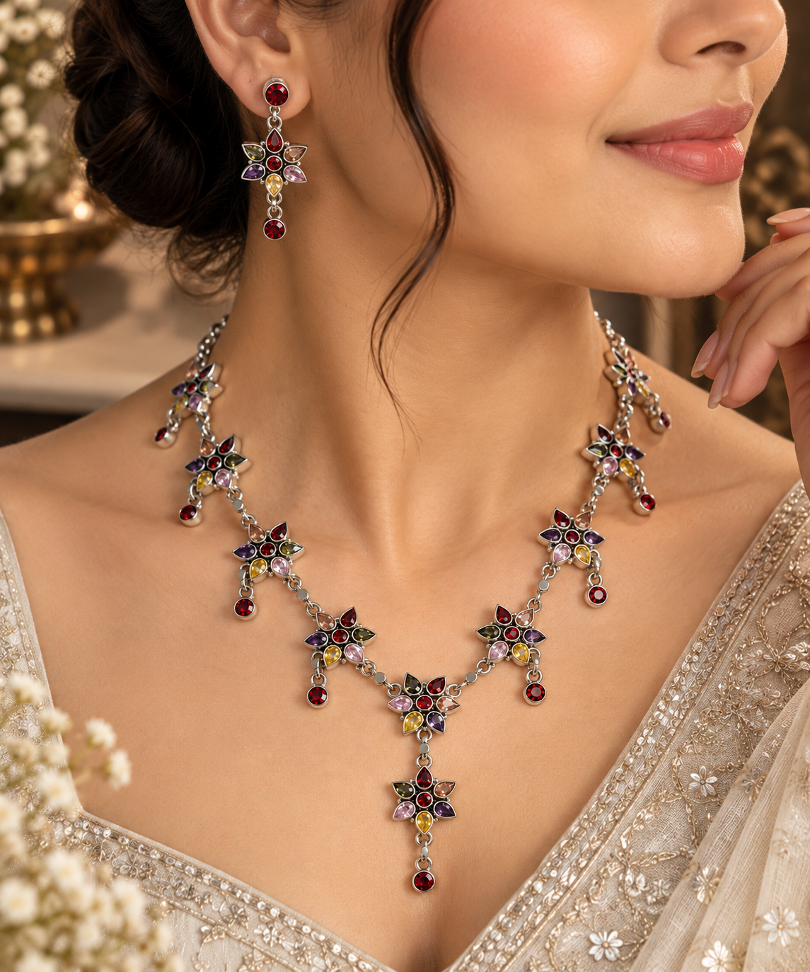 Multicolor Cut Stone Necklace with Earring