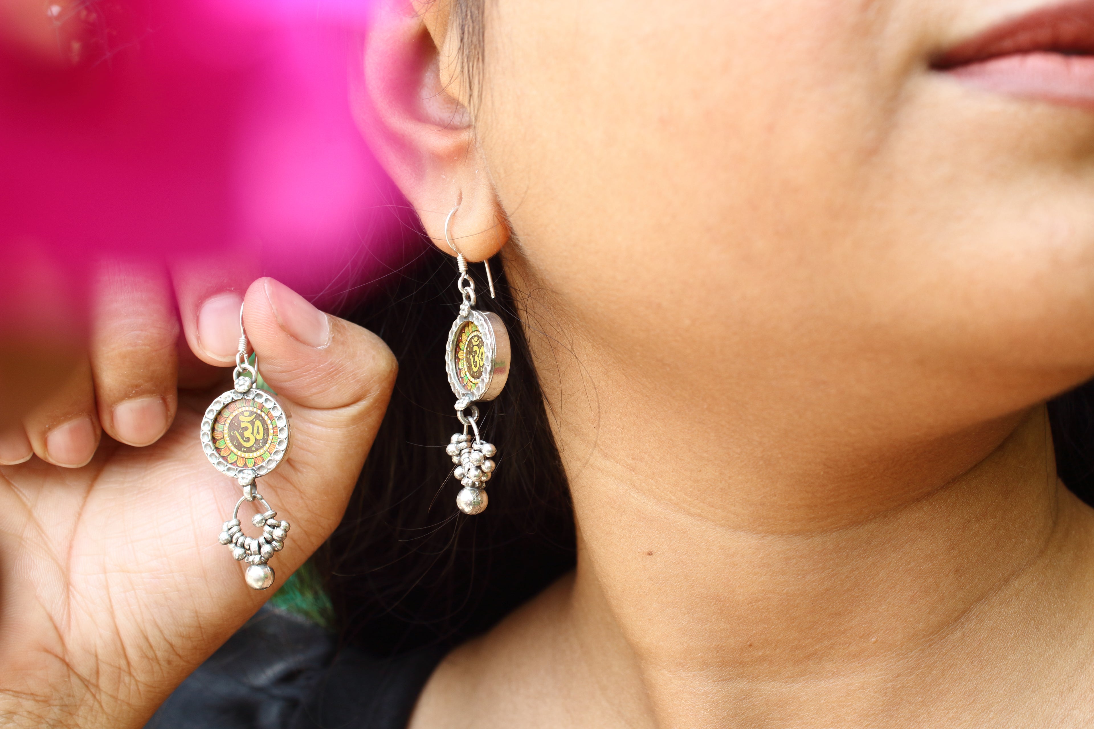 Handpainted Ghungroo Drop OM Earring