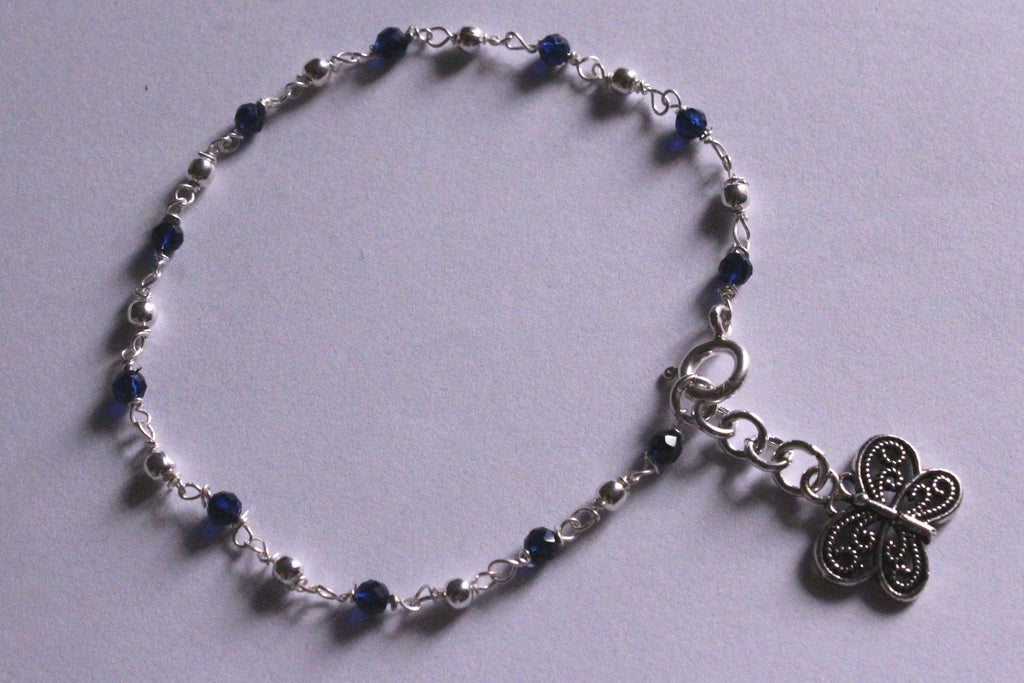 Silver and Royal Blue beads Bracelet with Butterfly Charm