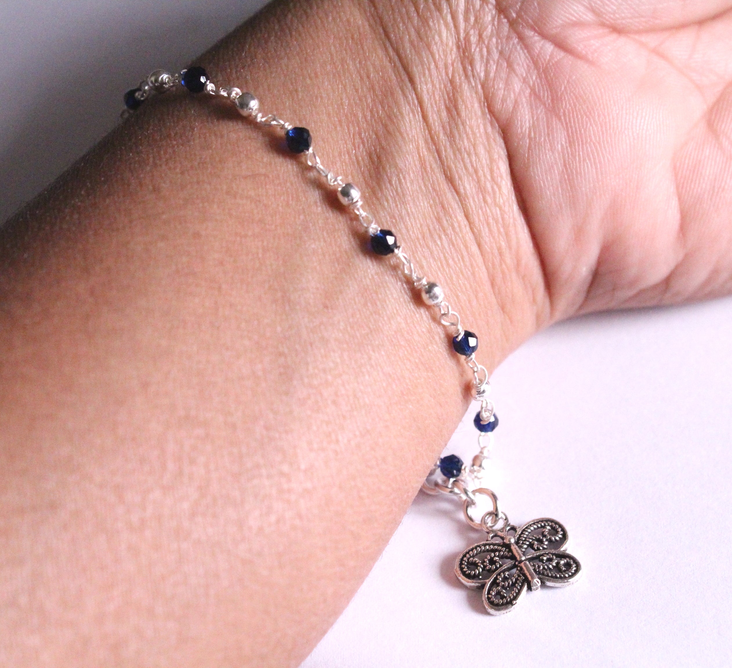 Silver and Royal Blue beads Bracelet with Butterfly Charm