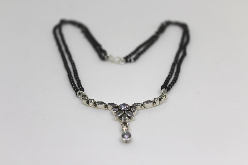 Black Beaded Double Chain Mangalsutra with Cut Stone Pendant
