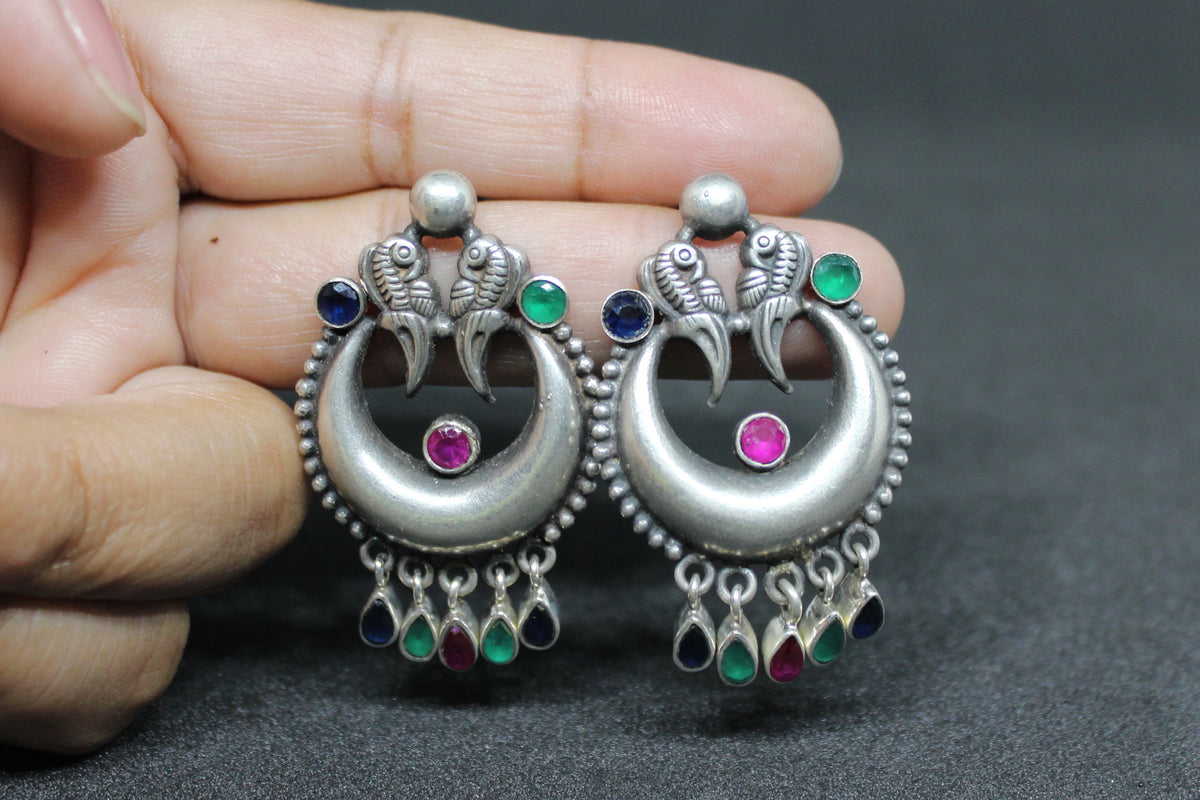 Love Birds On Chand Studded with Multicolor Stones Earring