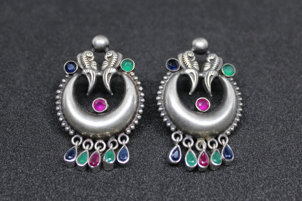 Love Birds On Chand Studded with Multicolor Stones Earring