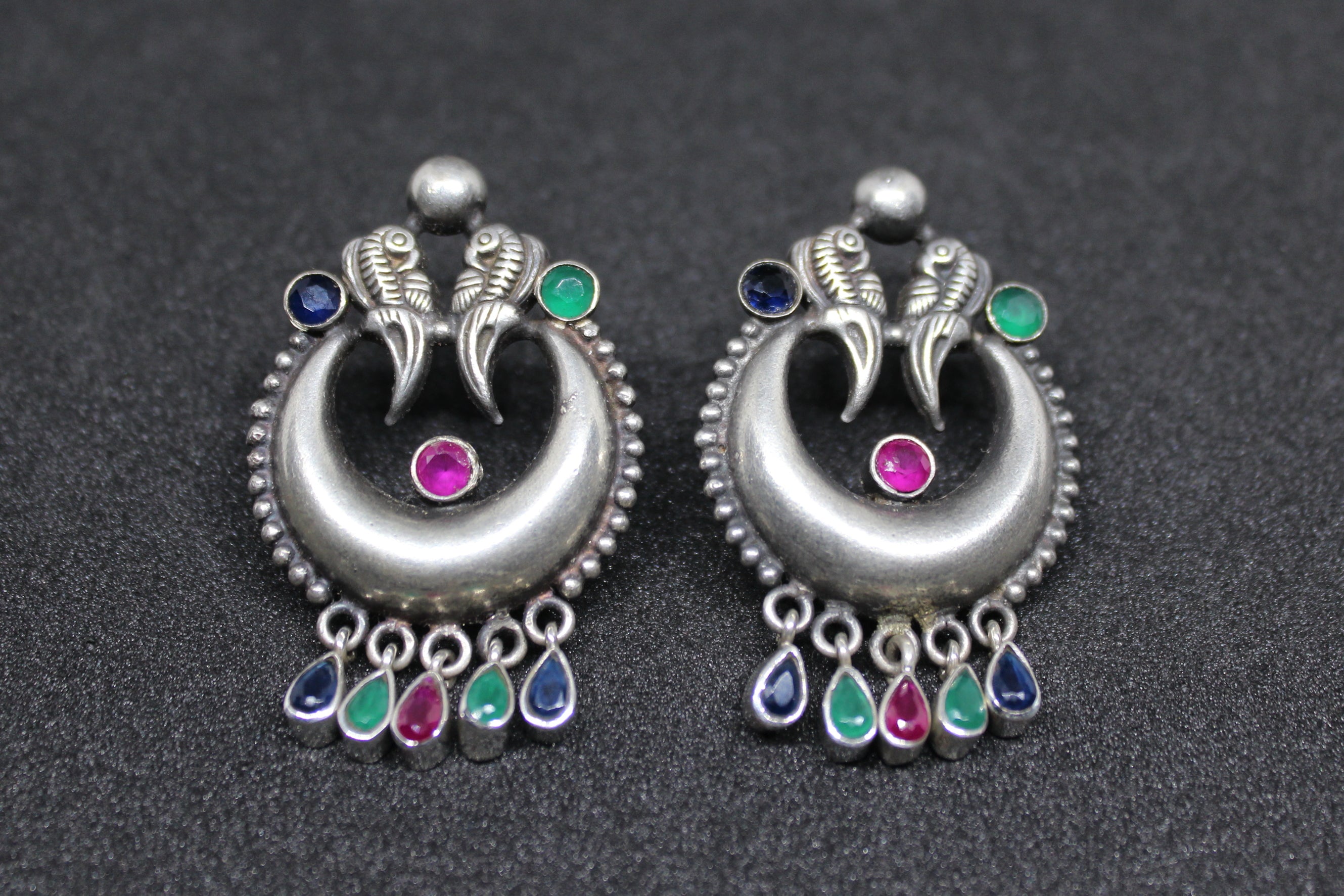 Love Birds On Chand Studded with Multicolor Stones Earring