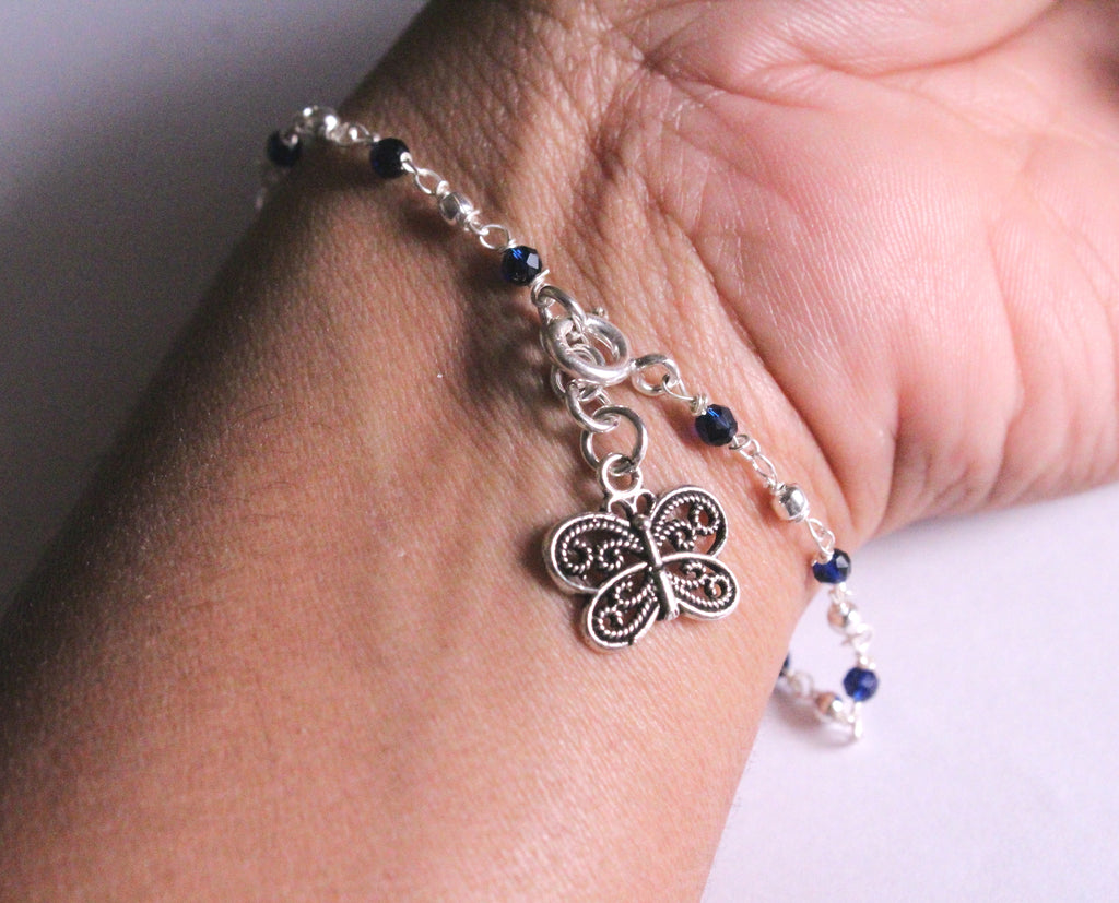 Silver and Royal Blue beads Bracelet with Butterfly Charm