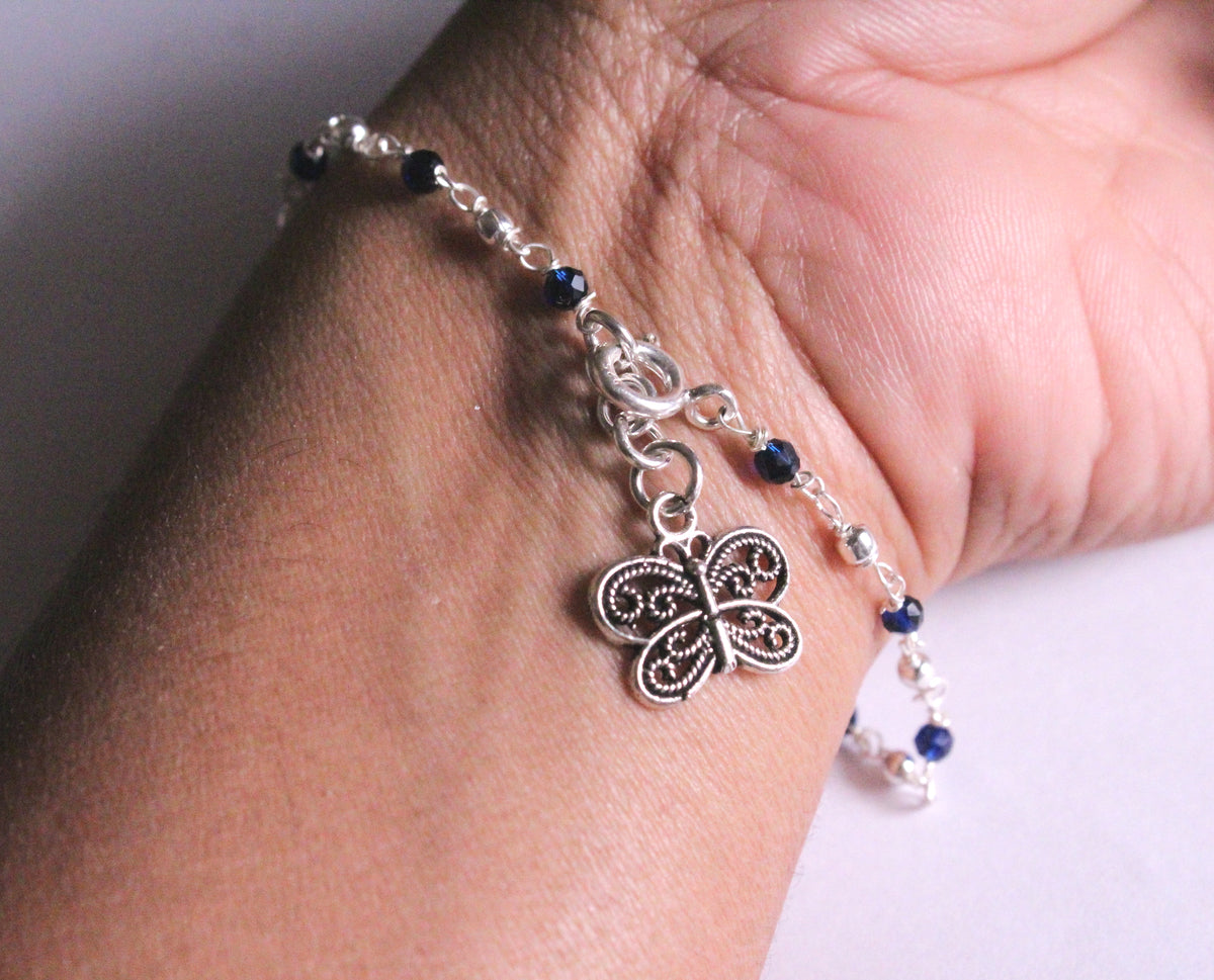 Silver and Royal Blue beads Bracelet with Butterfly Charm