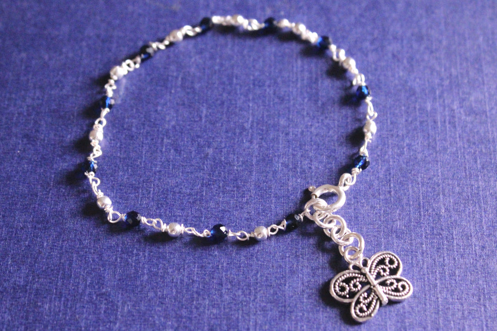 Silver and Royal Blue beads Bracelet with Butterfly Charm