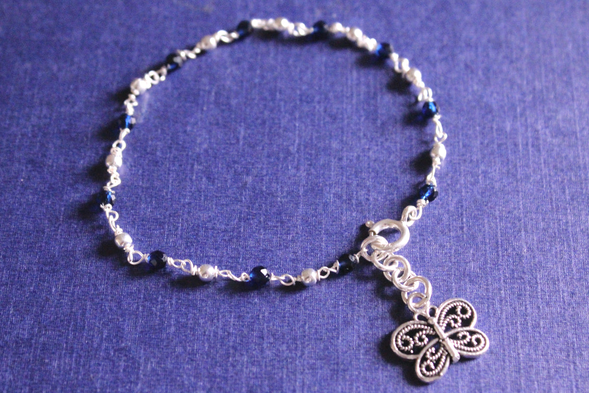 Silver and Royal Blue beads Bracelet with Butterfly Charm