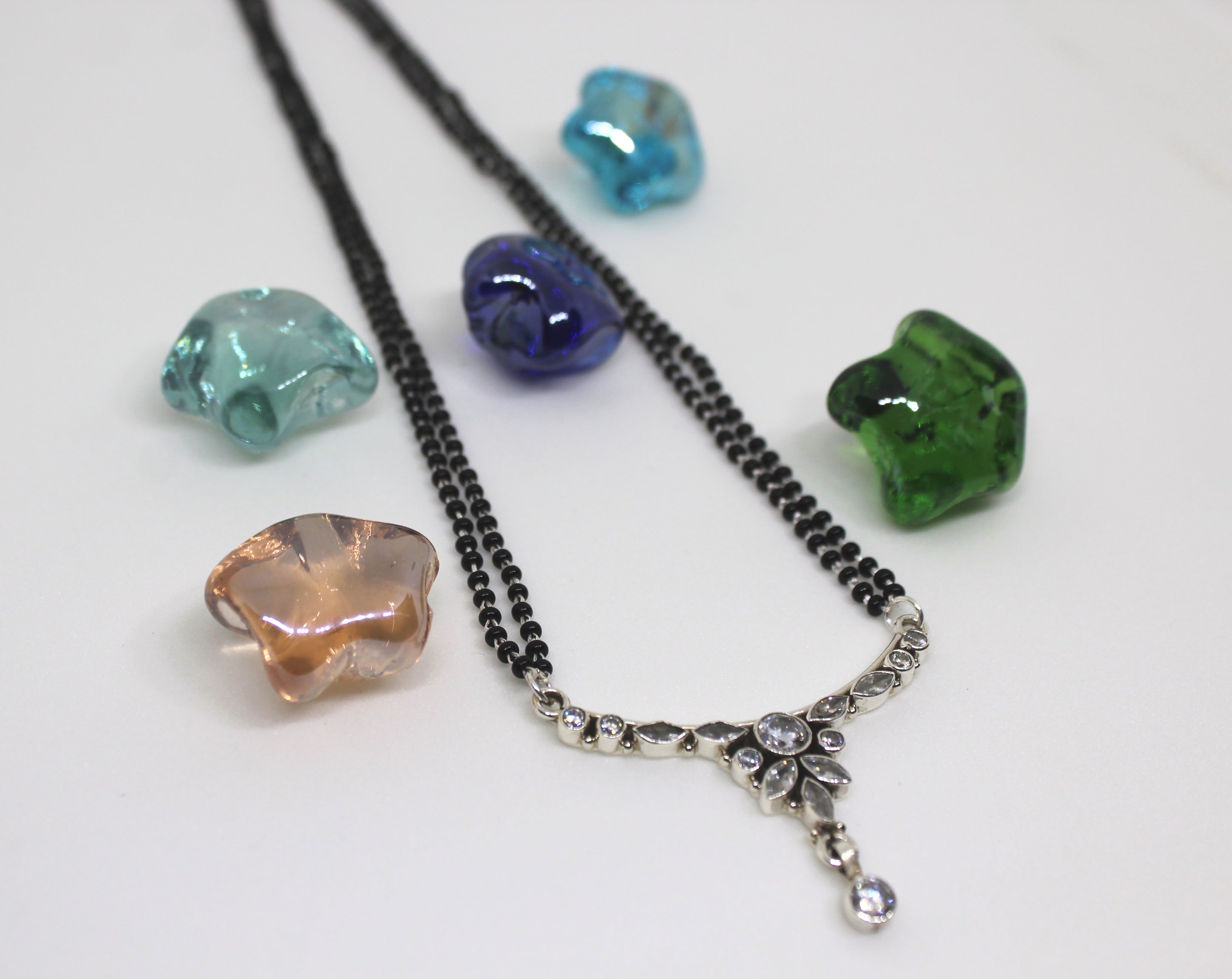 Black Beaded Double Chain Mangalsutra with Cut Stone Pendant