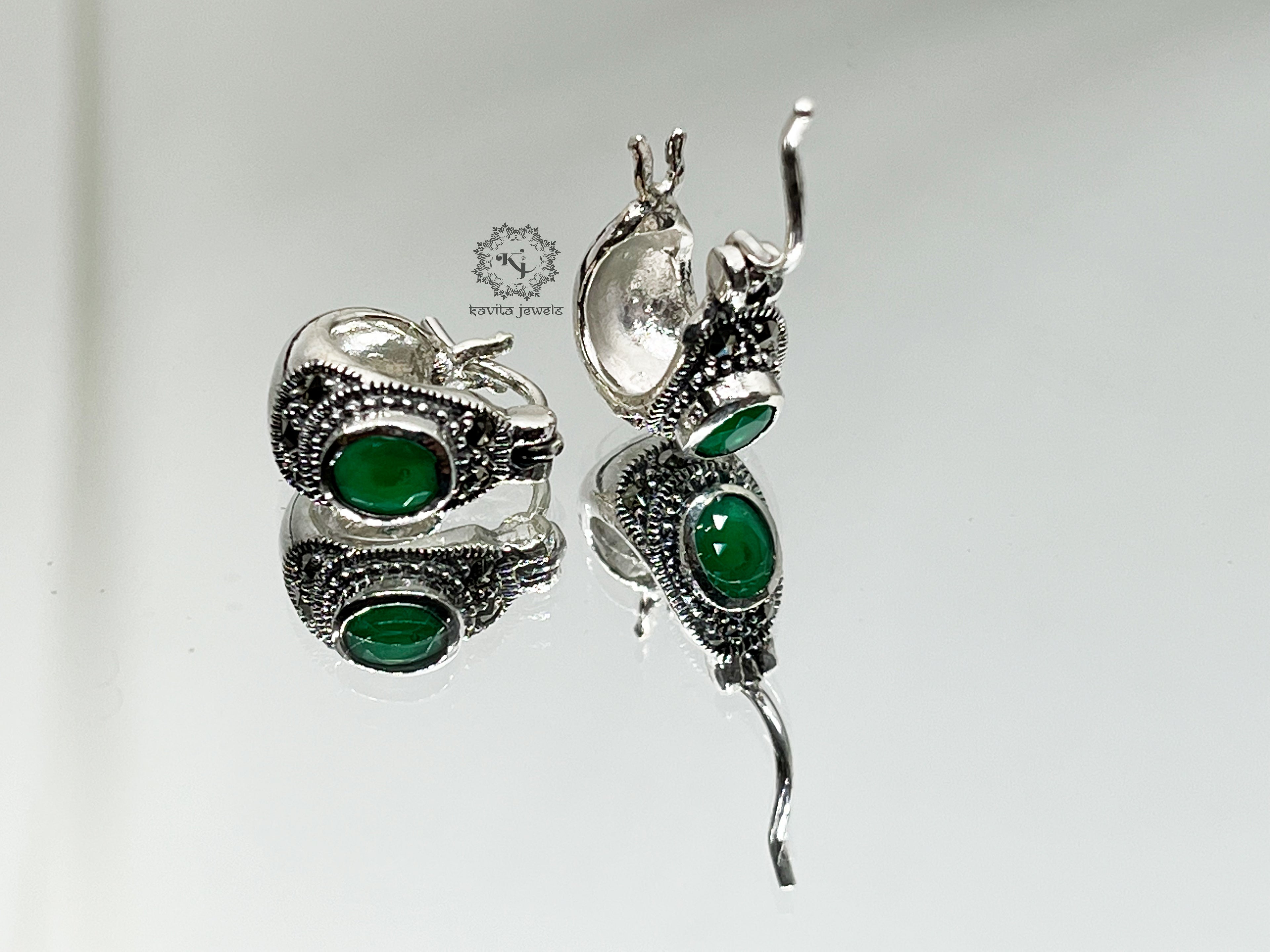 Green Stone Marcasite Hoop
