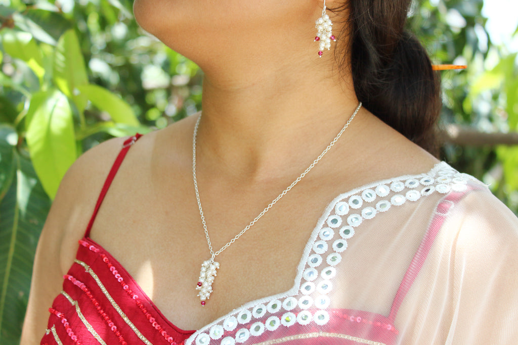 Pearl cluster pendent-earring set with chain