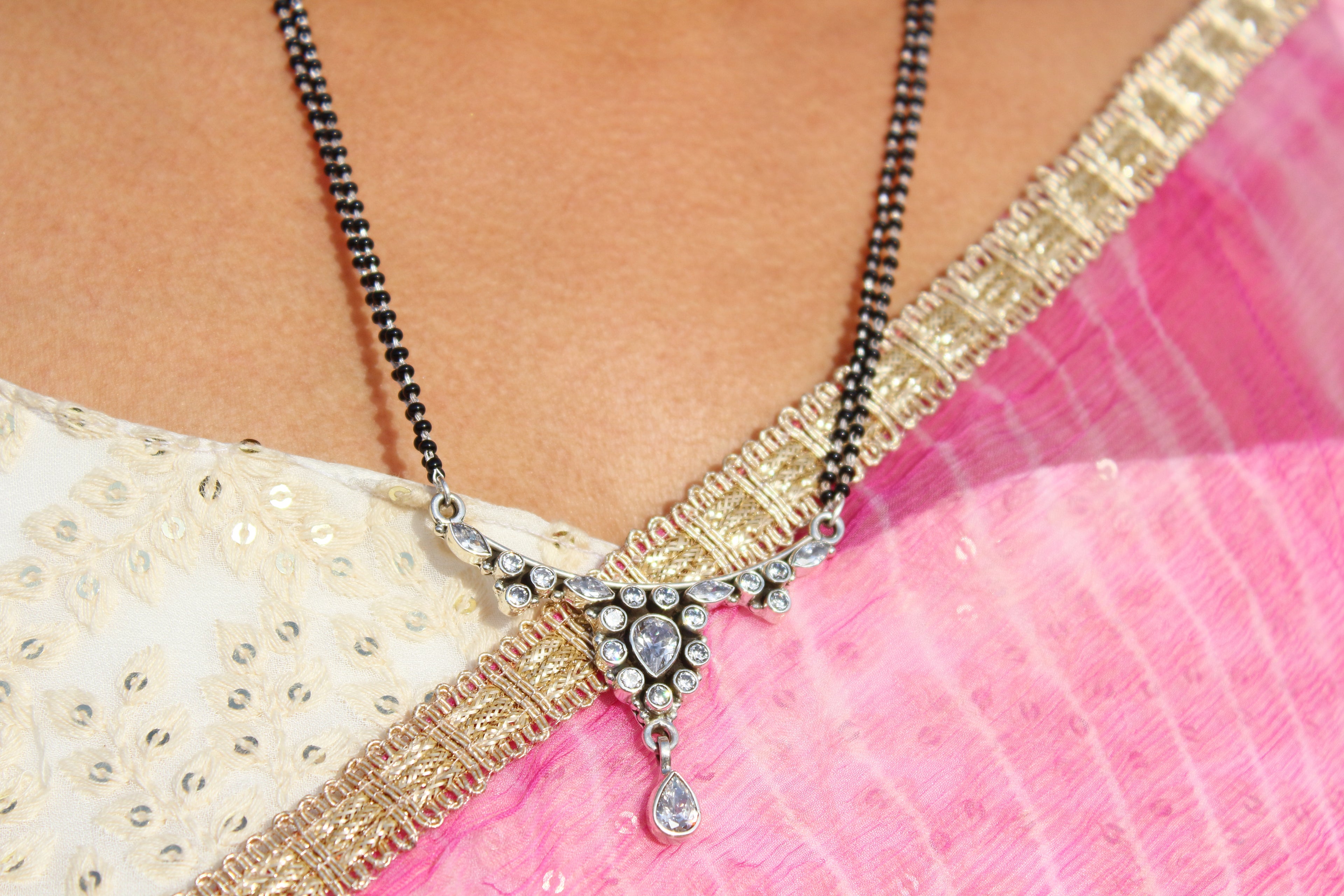 Cut stone drop shape two line mangalsutra