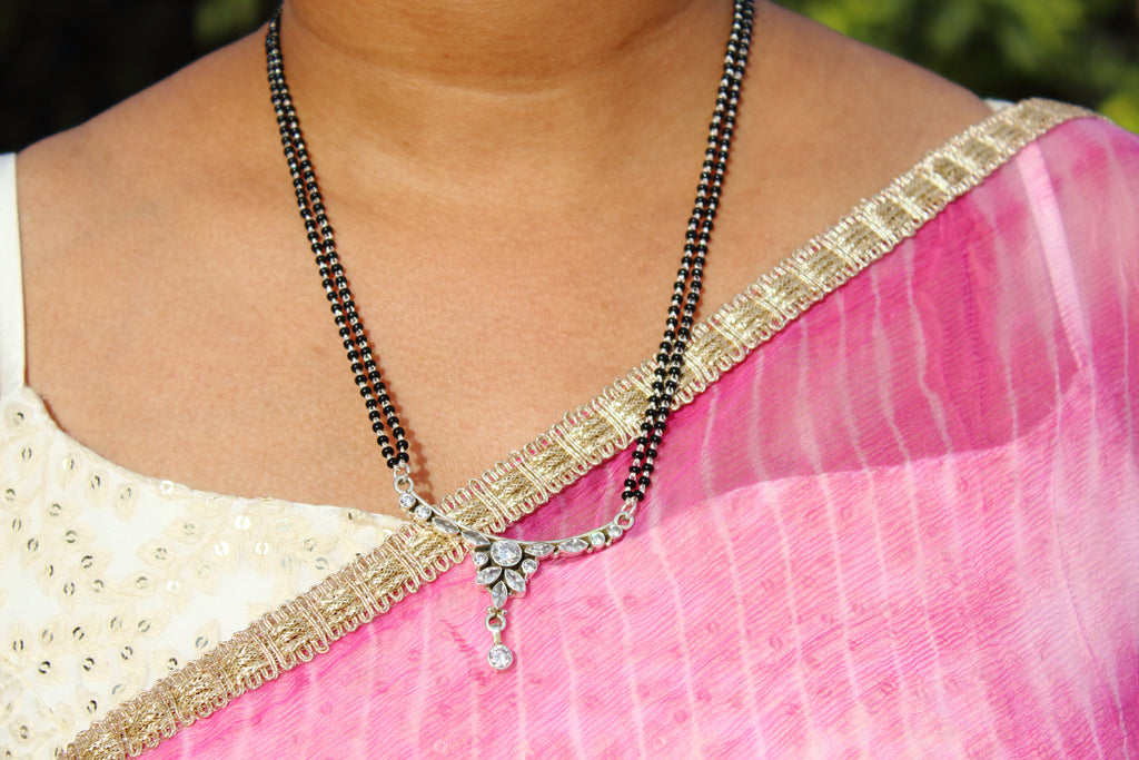 Black Beaded Double Chain Mangalsutra with Cut Stone Pendant