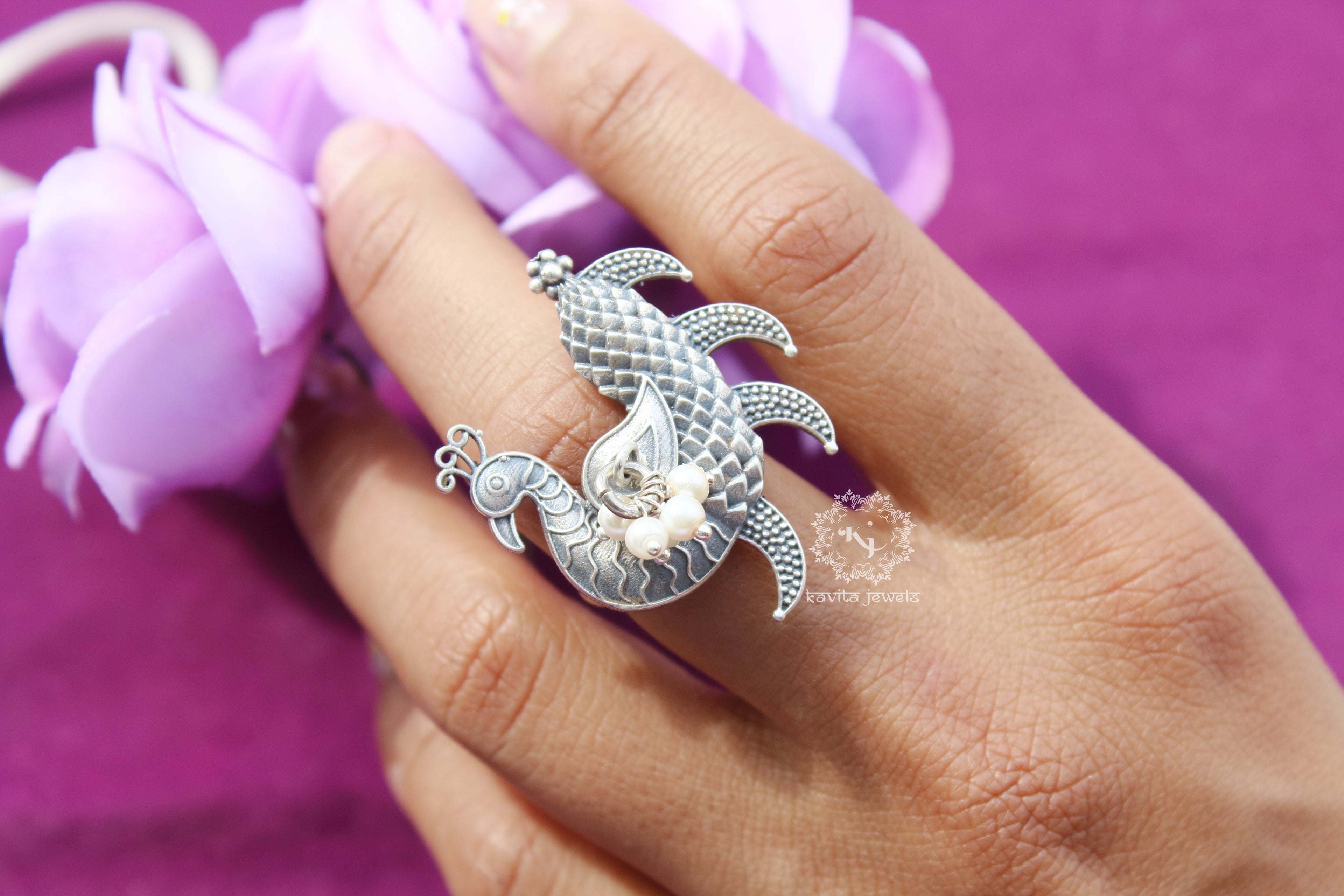 Intricate Dancing Peacock Pearl Ring