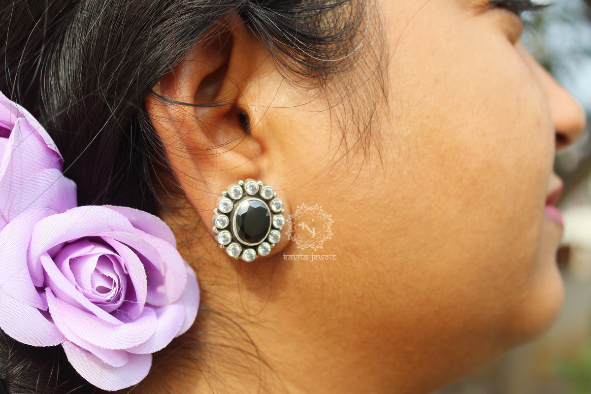 Sparkling Zircon And Black Stone Studded Stud Earrings