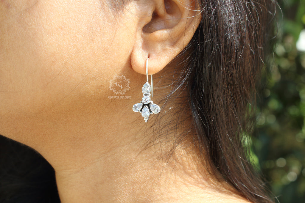 Tri Petal Zircon Studded Drop Earrings