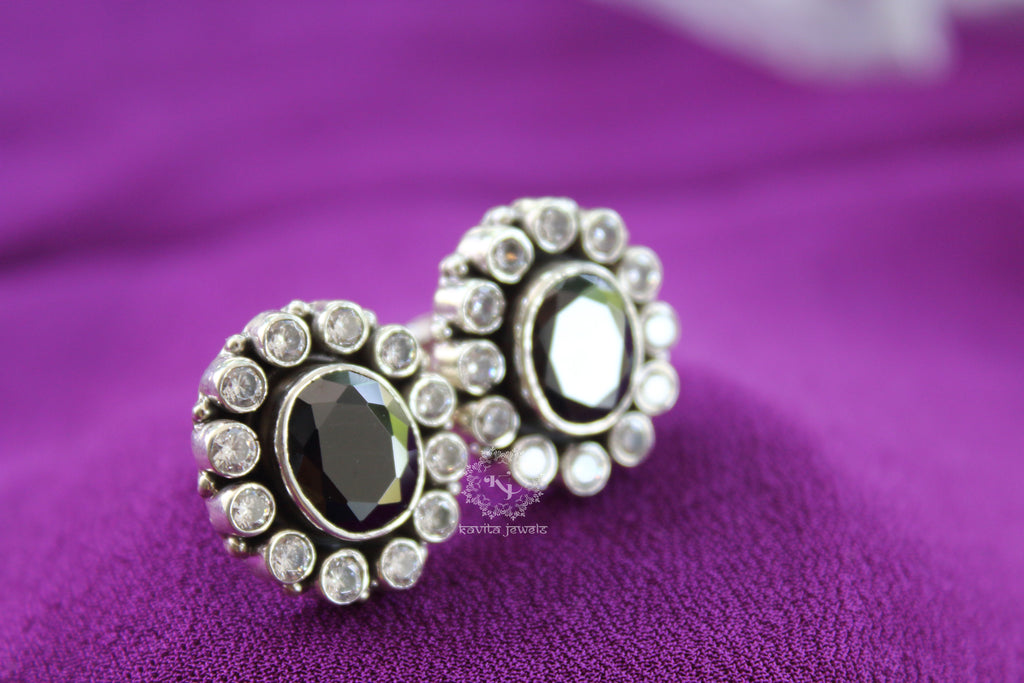 Sparkling Zircon And Black Stone Studded Stud Earrings