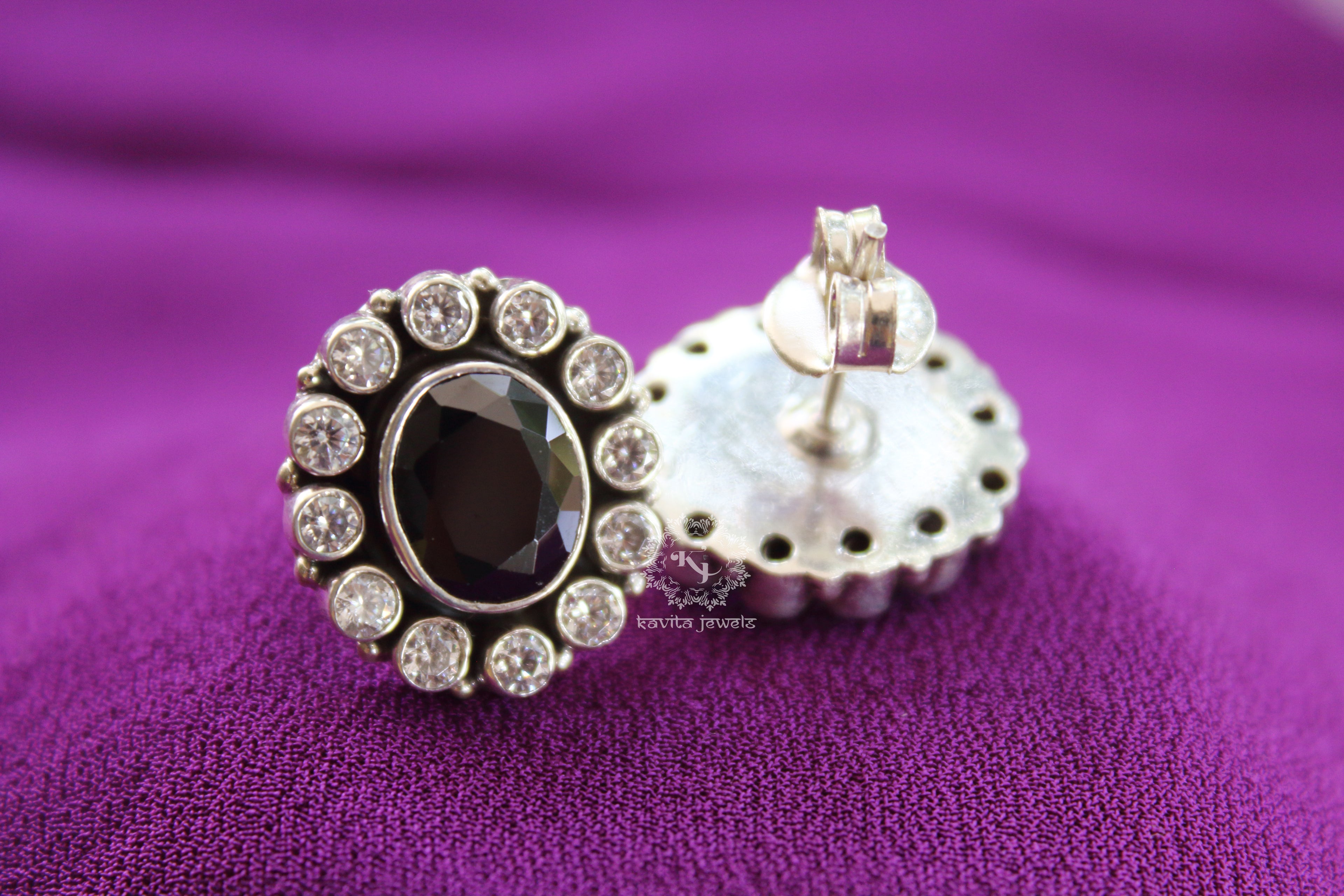 Sparkling Zircon And Black Stone Studded Stud Earrings