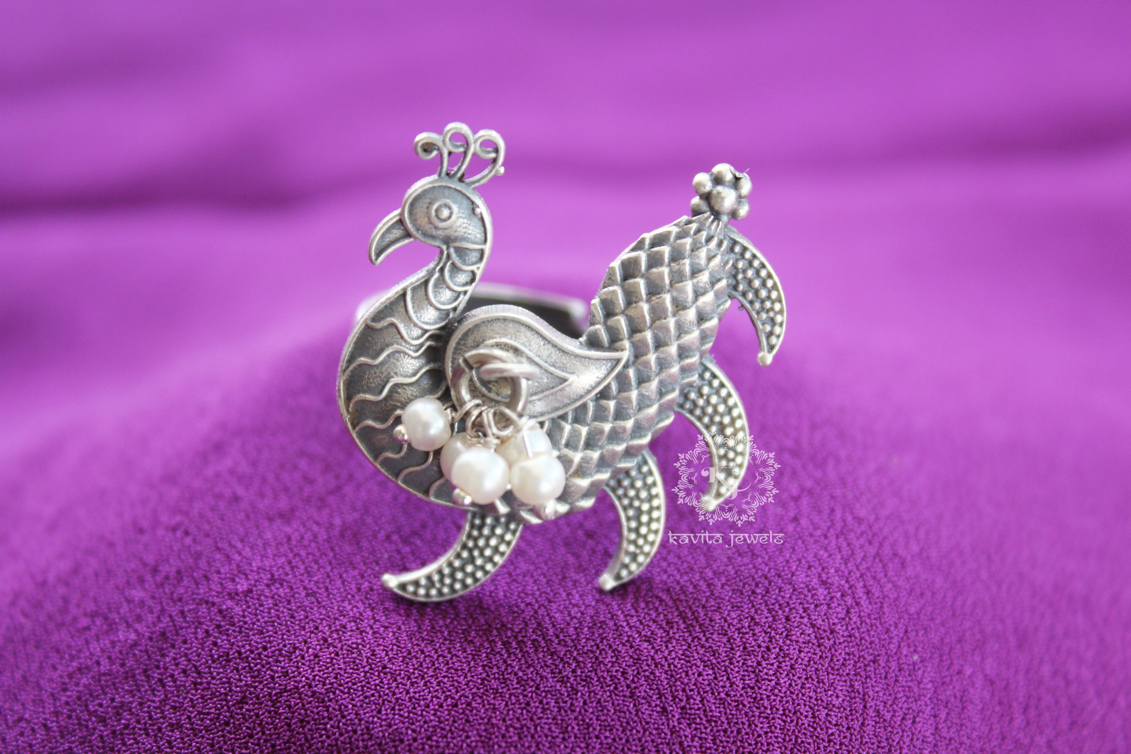 Intricate Dancing Peacock Pearl Ring