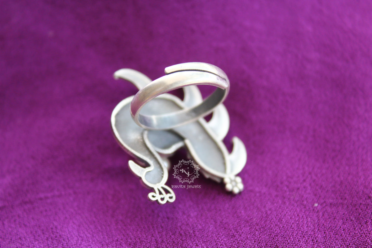 Intricate Dancing Peacock Pearl Ring