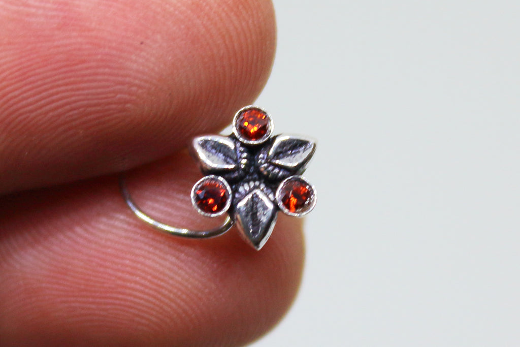 3 Leaf Nose pin with Red stones